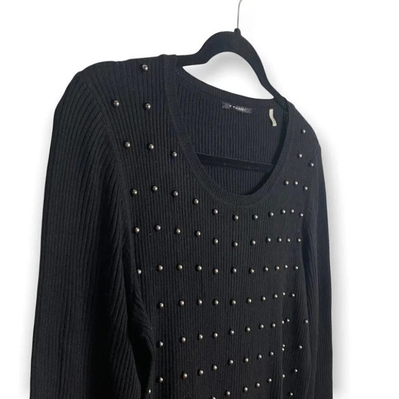 T Tahari Black  Ribbed Long Sleeve Top with Silver Beads - Picture 3 of 8